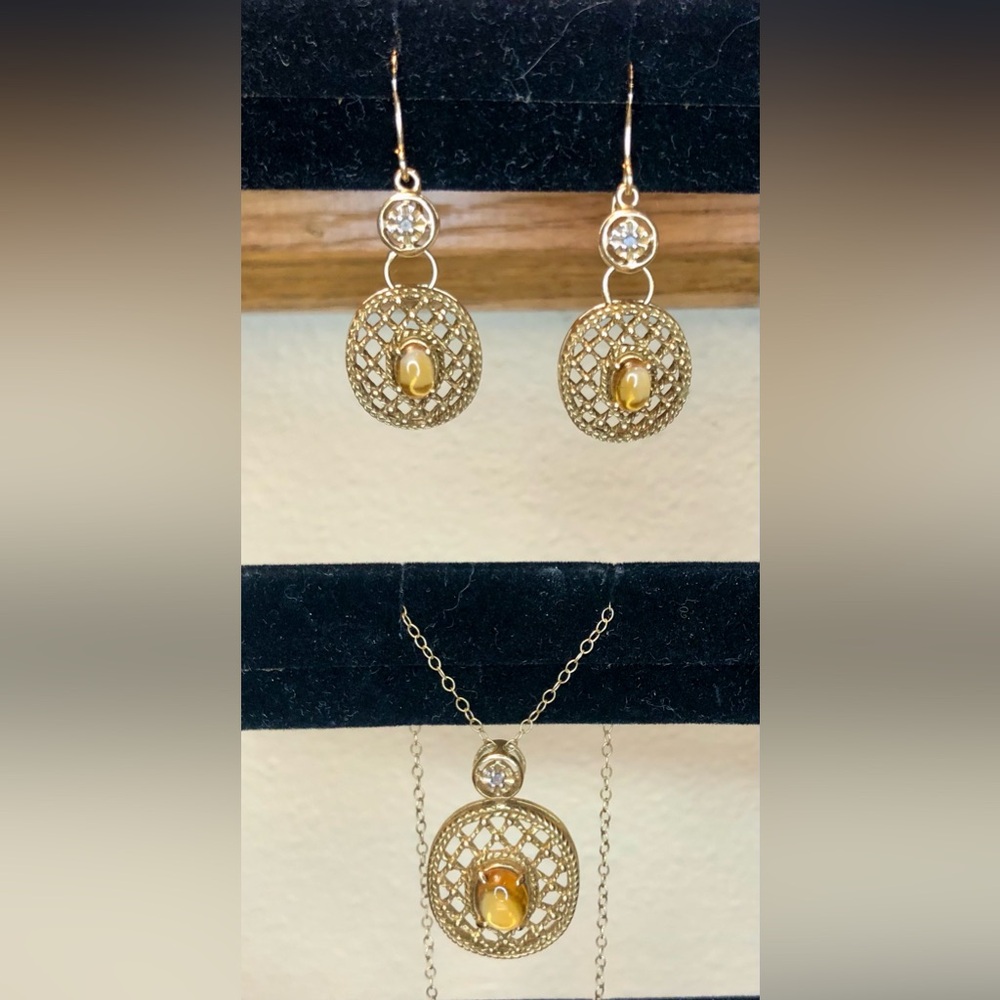 GOLD PLATED Silver Necklace/Earring Filigree Set & Small Diamond Accents
